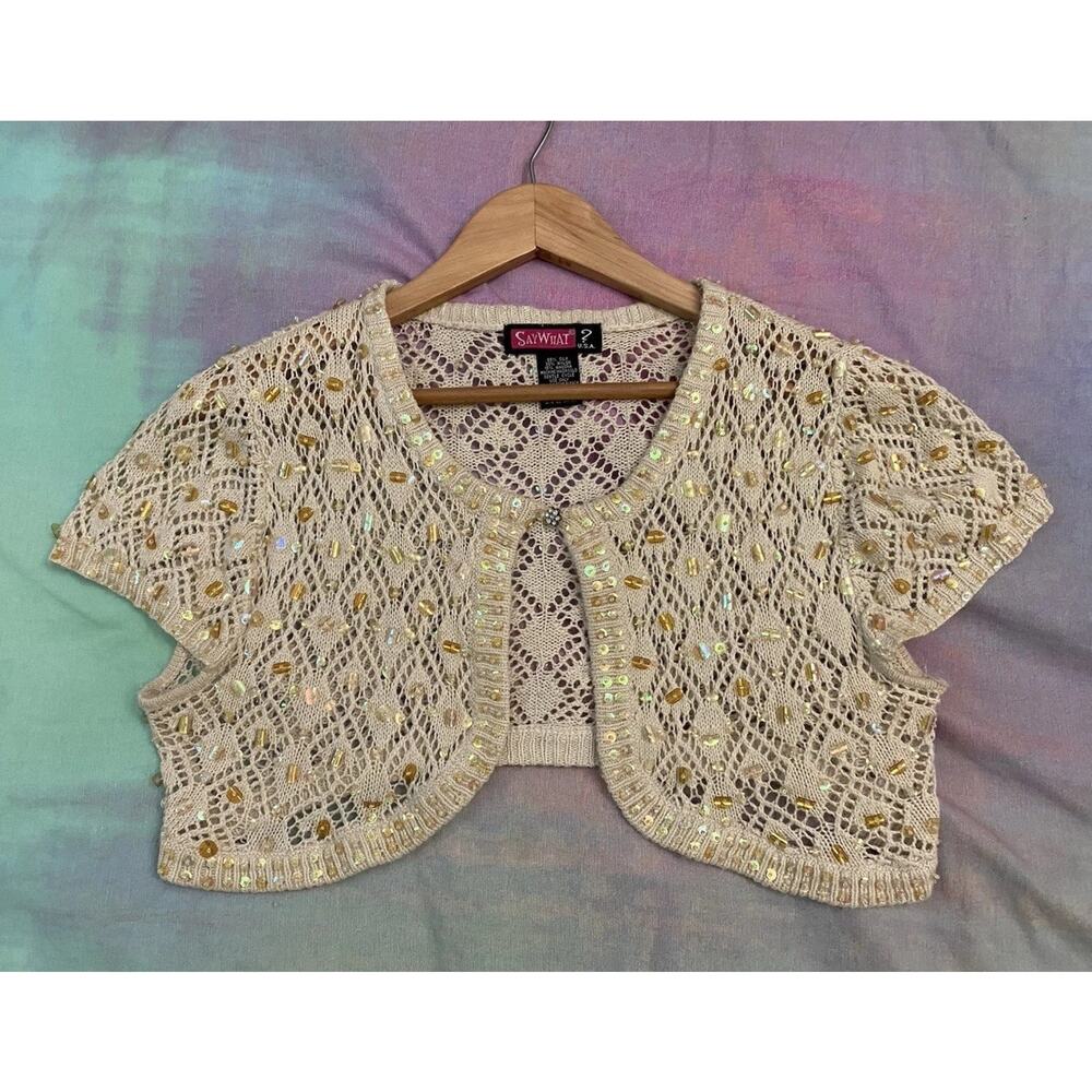 Vintage Y2K Say What? Cream Beaded Sequin Crochet Shrug Bolero Silk Angora Sz M